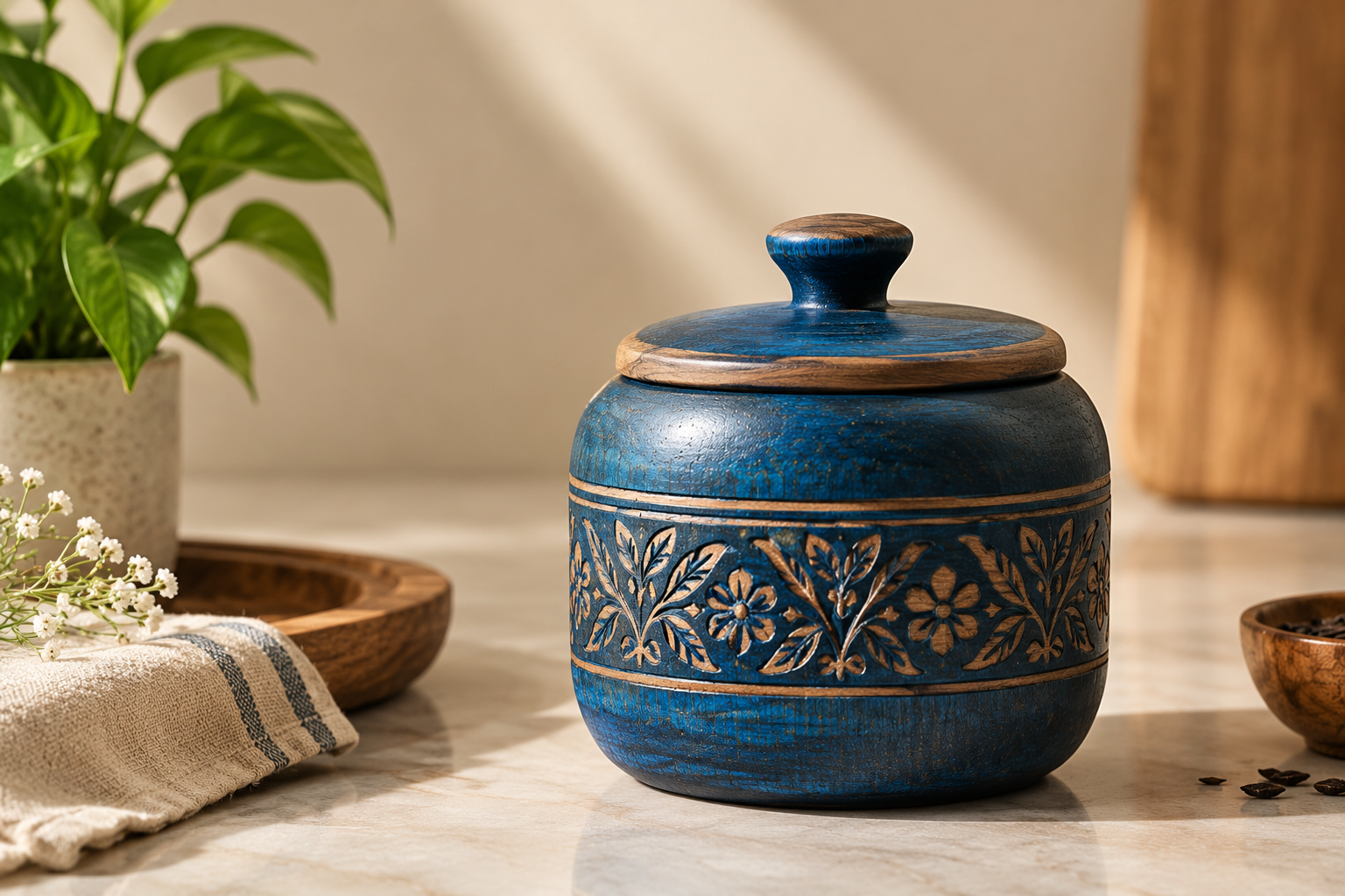 artisanal blue wooden jar still life